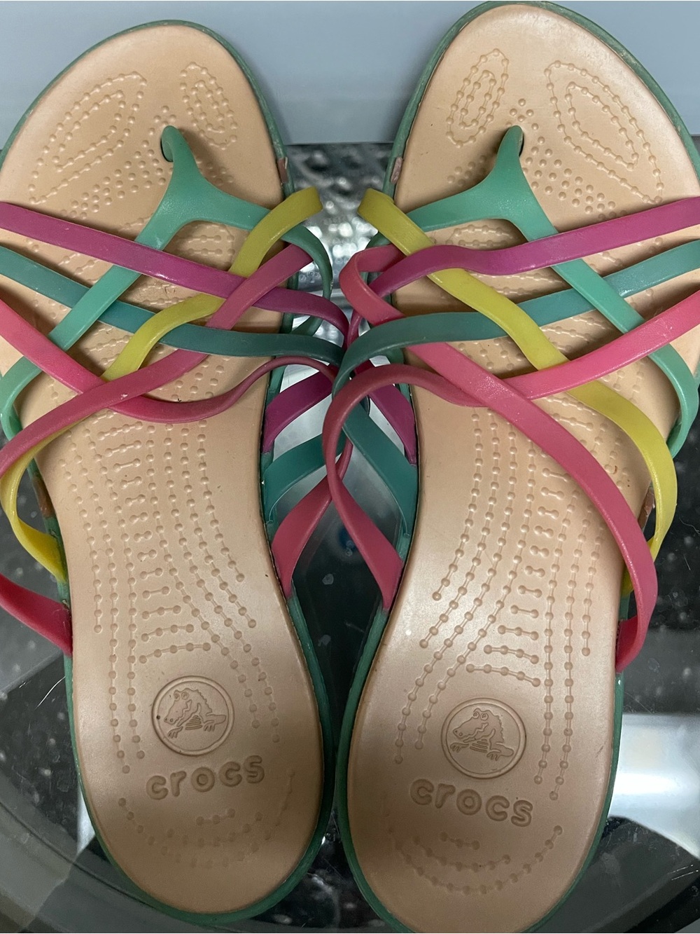 CROCS Women's Multicolor Strappy Slide Sandals - Pink, Green, Yellow